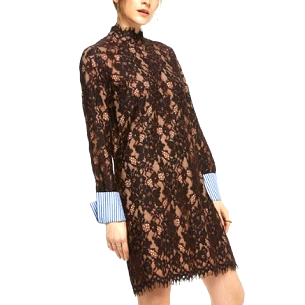 Scotch & Soda Floral Lace Dress with Striped Shirt Cuffs - Office Cocktail Party